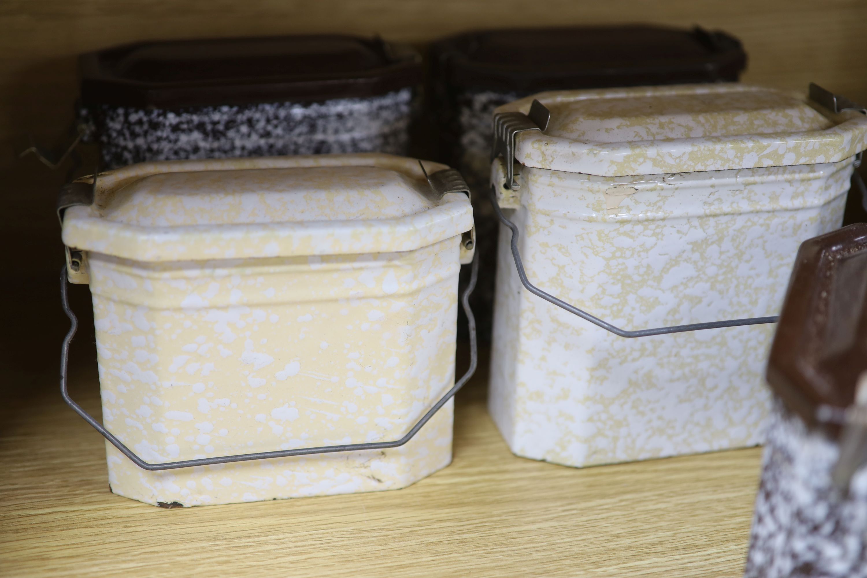 Eight French 19th century agricultural lunch boxes in coloured enamels